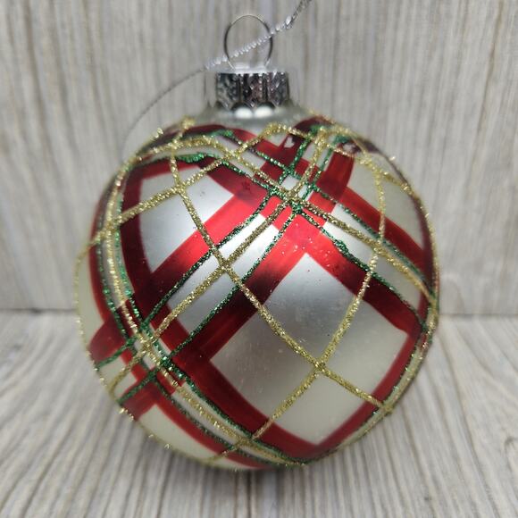Vintage Glass Christmas Ornament Red Gold Plaid Glitter Holiday‎ Ball 4" Decor - Picture 1 of 6